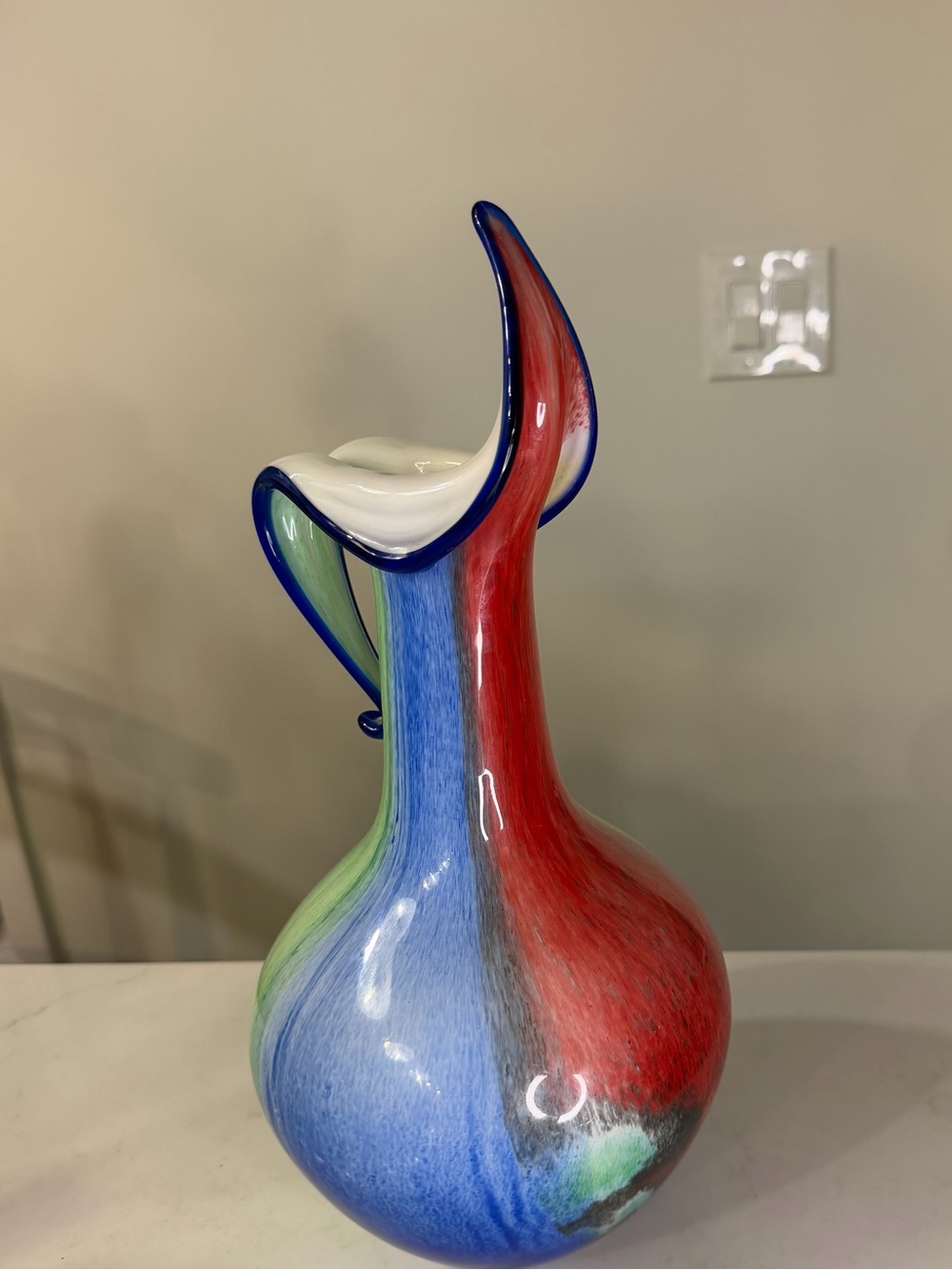 Handblown Art 14” large Glass Pitcher Vase in Red, Blue, Green, White